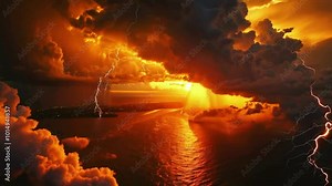 Aerial shot of a supercell storm two massive bolts of lightning strike, sky dramatic light tropical landscape. powerful continuous tension, 4k High-Quality background Animation Video