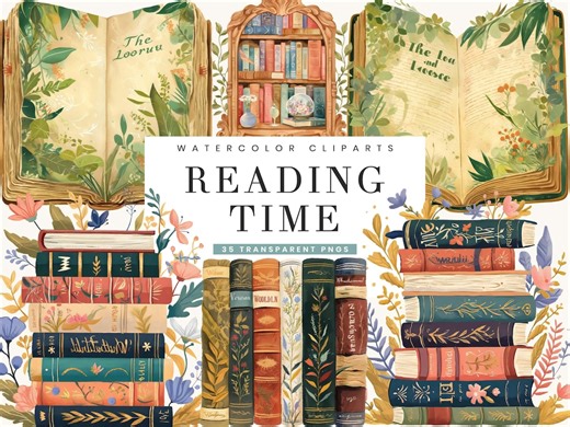 Watercolor Reading Clipart Bundle: Book Lover PNG Designs (digital Download)