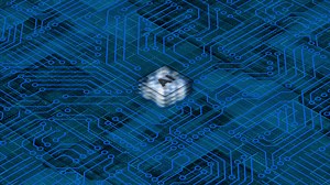 Download Blue 3d Computer chip with connections and signals. AI Computer processor background.Mother board circuit pattern background for free