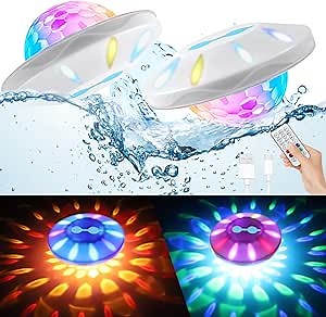 BOXPSII Floating Pool Lights(2 Pack), Pool Lights IP68 Waterproof, Rechargeable RGB Upper and Lower Color Changing Pool Floating Light with 6 Dynamic Lighting, Floating Light for Pool, Garden,Paths