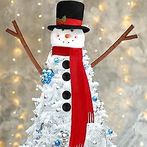 Syhood Snowman Christmas Tree Topper Large Holiday Funny Plush Stuffed Hanging Ornaments with Arms, Legs, Belt, Scarf for Christmas Tree Decorations Wine Bottle Curtain Xmas Home Decor