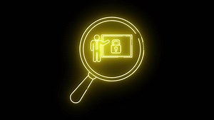 Download Glowing yellow outline shows a magnifying glass over an icon of a person presenting a board with a padlock on it for free
