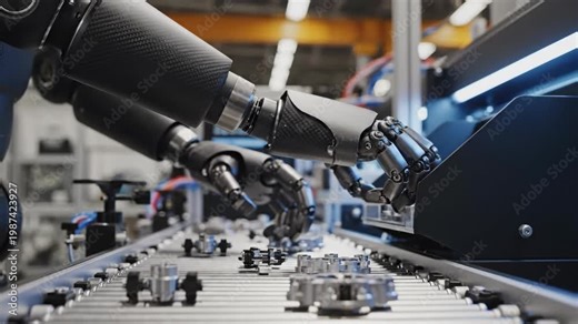 Industrial robot arm assembles metal parts on a production line in a factory.