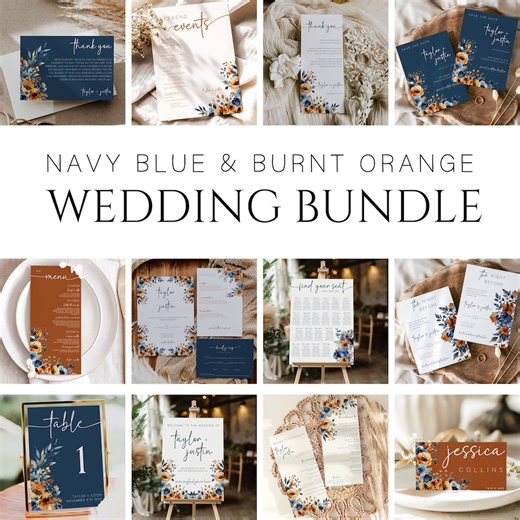Navy Blue Burnt Orange Wedding Bundle, Navy Blue and Burnt Orange Wedding Invitation, Burnt Orange and Navy Wedding Invitations - Etsy
