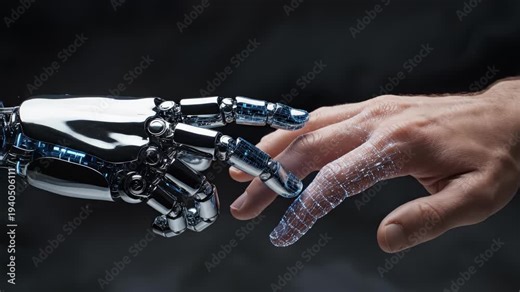 Close Up of Futuristic Robotic Hand Touching Human One That Gradually Morphs Into Robotic Form. Human Becomes Machine Through AI Touch. Concept For Digital Metamorphosis, And Technological Evolution.
