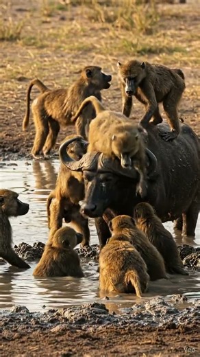 Cape Buffalo VS The Mob: Baboons Harass Giant in the Mud #BaboonAttack #CapeBuffalo#WildlifeConflict