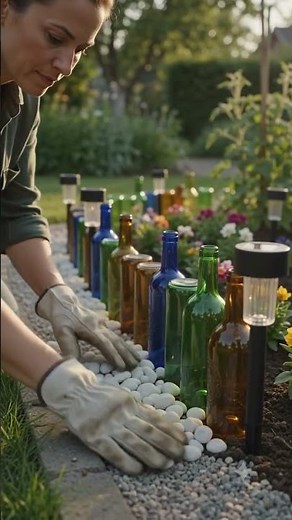 Turning Old Glass Soda Bottles into a Stunning Solar Garden Walkway Border! 🌿✨♻️ #beforeandafter