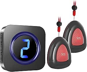 Black Caregiver Pager Wireless Call Bell Personal Alarm Caregiver Call Button Life Alert System for Seniors Patients Home Elderly Help Assistance Pagers at 1,000ft Long Range 2 SOS Buttons