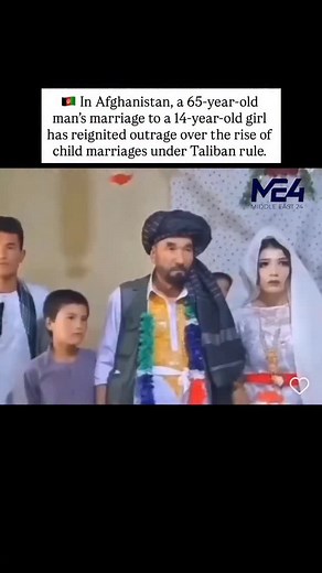 Middle East 24 on Instagram: "🇦🇫 In Afghanistan, a 65-year-old man’s marriage to a 14-year-old girl has reignited outrage over the rise of child marriages under Taliban rule. With poverty deepening and women’s rights erased, thousands of families are marrying off young daughters for survival. UNICEF estimates that more than one in four Afghan girls is forced into marriage before turning 18 — many long before puberty. What the world calls a “marriage” is, in truth, the sale of a child. It strip