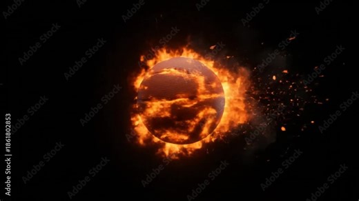 Fiery basketball spinning through space with flames, sparks, and an epic burning effect against a black background.