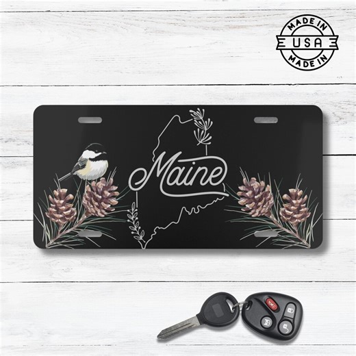 Maine State Bird & Flower Car Tag | Black-capped Chickadee and White Pine Aluminum License Plate - Etsy
