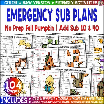 Emergency Sub Plans | Fall Pumpkin & Duck | Add Sub 10 & 40 Mystery Picture Art