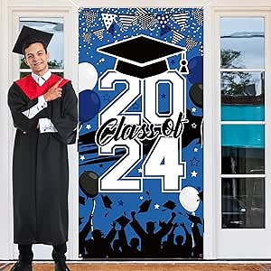 Blue Graduation Decorations Class of 2024, Blue 2024 Graduation Decorations Front Door Banner Graduation Backdrop, 2024 Graduation Party Decorations Banner Backdrop Hanging for Indoor/Outdoor