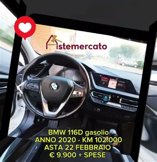 BMW 116D gasolioANNO 2020 - KM 102.000ASTA 22 FEBBRAIO € 9.900 Maggiori dettagli sul nostro sito!!