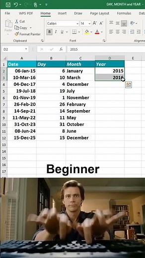 How to extract day, month and year number in excel 😱 #excel #office #spreadsheet