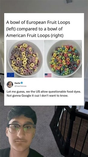 A bowl of European Fruit Loops (left) compared to a bowl of American Fruit Loops (right)