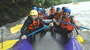 Experience the thrill of whitewater rafting as a dynamic group of young adventurers capture their exhilarating journey on an onboard camera with audio.