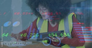 Animation of data processing over biracial female engineer in hi vis vest