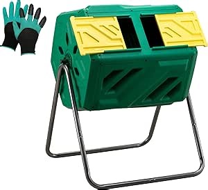 43 Gallon Compost Bin with Gloves, Fast Assembly & Easy Setup Outdoor Compost Tumbler, Updated Dual Chamber Tumbling Composter for Garden, Kitchen, and Yard Waste, Green