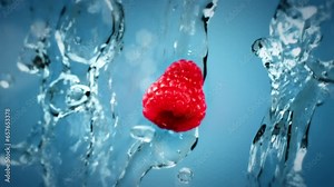 Fruit and berries tossed in the air and falling down in slow motion. Clear water splash and water droplets. Raspberry tossed in the air with water splash falling down