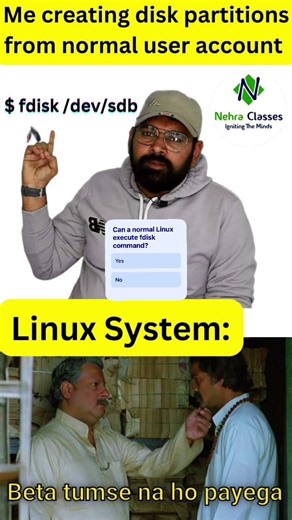 What happens when a normal Linux user executes the fdisk command? #linuxmeme #nehraclasses #shorts