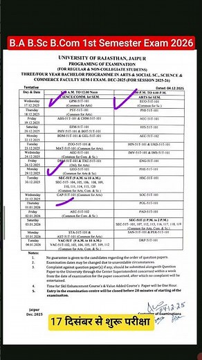 B.A 1st Semester Exam Time Table 2026 | All University UG 1st Semester Exam 2026 Date | Time Table