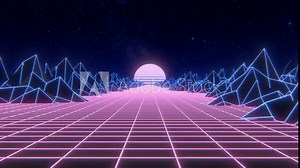 Trendy retro background loop animation. Retrowave, synthwave, vaporwave, 80s and 90s aesthetics. Retro wave style 3D Animation with seamless loop. Videogame landscape, neon wireframe