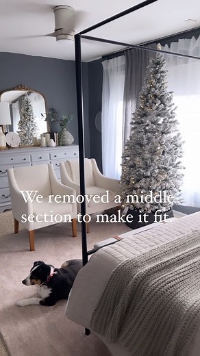 Lights still connect as if the missing section were there 👏🏻 This 9’ Prince flock (7’ here) was my first @kingofchristmas six years ago and it’s still going strong. We have been using this one in our bedroom for several years, because it’s the perfect size. I leave him naked. I plan on adding more decorations in here, but I’m enjoying the slow process. Do you put up multiple trees and do you leave any naked? | Today with MK