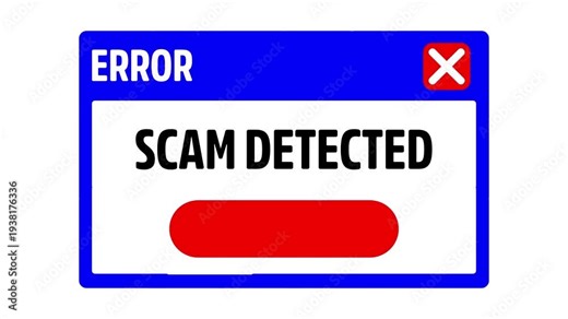 Animation Scam detected pop-up message on computer window. fake information, cyber security error, data safety and privacy protection.