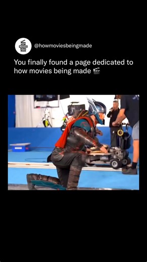 How Movies Being Made on Instagram: "In Thor: Ragnarok, action scenes like this were filmed using extensive blue-screen stages, wire rigs, and practical stunt choreography. Chris Hemsworth performs physical movements on set while props and motion-control cameras track his positioning. This gives VFX teams accurate reference for later adding digital environments, explosions, and lightning effects. Behind the scenes, every motion is coordinated with stunt crews to match the high-energy tone of the