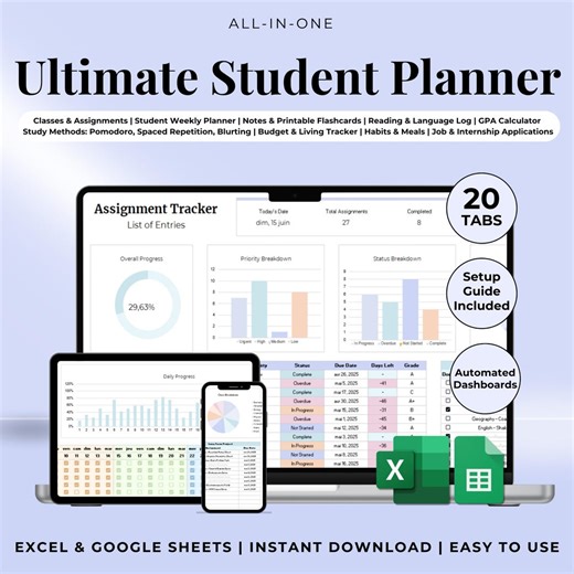 Ultimate Student Planner Spreadsheet Excel Google Sheets Assignment Tracker College Study Template University Task Planner Academic School - Etsy UK