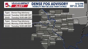 ALERT -- Dense Fog Advisory has been issued for part of the 5 On Your Side area. Allow extra time as visibilities may drop below a quarter of a mile. Use low beam headlights. More weather at www.ksdk.com/weather | Scott Connell