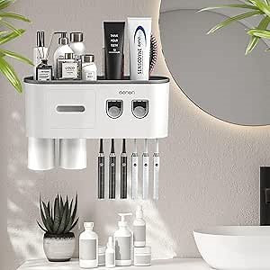 Toothbrush Holders Wall Mounted, Double Automatic Toothpaste Dispensers Squeezer Kit, Toothbrush Holder with Automatic Toothpaste Dispensers, 6 Brush Slots, 2 Magnetic Cups,1 Drawer and 1 Storage Tray