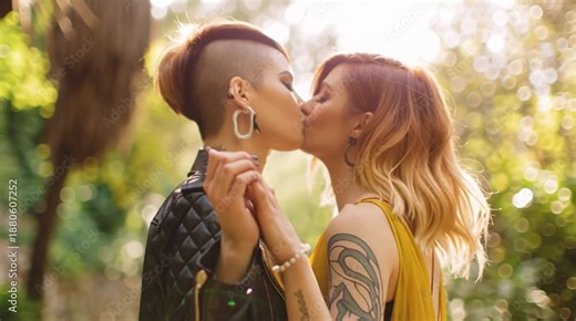female lgbtq couple walking hand in hand in park, lesbian couple enjoying love and freedom outdoors, romantic same sex female couple strolling together