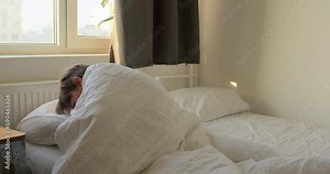 Little Boy Sleeping in Comfortable Bed. Child Napping on Pillow and Covered Blanket. Bedtime Early Morning. American Child Boy Alone At Home, Time To Wake Up Go At School. Rest, Leisure, Morning