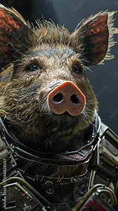 Futuristic pig soldier striking a pose in intricate armor and tactical gear