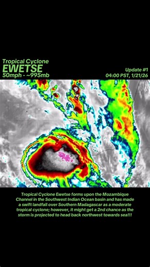 HTTD: How’s Ewetse Doing? UPDATE 1 - Tropical Cyclone Ewetse: The Southwest Indian Ocean continues to have activity on its waters as Tropical Cyclone Ewetse forms on the Mozambique Channel and has made landfall in Southern Madagascar as a moderate tropical cyclone with winds up to 50mph (~80kph), as it heads east-northeast momentarily, off from its 60mph (~95kph) peak 9 hours ago as it was named by Meteo France-Réunion. As of right now, Ewetse currently has maximum sustained winds of up to 50mph