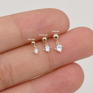 14k Solid Gold Ball Dangle Diamond CZ Stud Earring, Helix Tragus Conch Cartilage Push Back - Etsy
