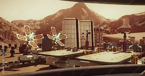 Futuristic Spaceship Landing on Mars Base. Shot is Taken Behind Astronaut Figure Looking into Landscape of the Red Planet. Exploring Mission. Mars Colonization Concept. 3D Rendering