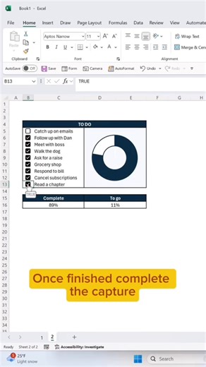 22K views · 142 reactions | How to create a checkbox donut chart in Excel. ✅ Download this free step-by-step guide I created: https://scribehow.com/shared/How_To_Create_an_Interactive_To_Do_List_in_Excel__oGyTUgsyTh6962OXiKwchw #scribe #scribehow #excel #exceltips #exceltricks #spreadsheets #corporate #accounting #finance #workhacks #tutorial #sheets #ad #scribepartner | Excel Dictionary | Facebook