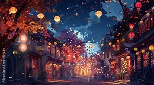 Beautiful night with various lantern decorations. Cartoon or anime style. Seamless and looping 4k video illustration digital background.