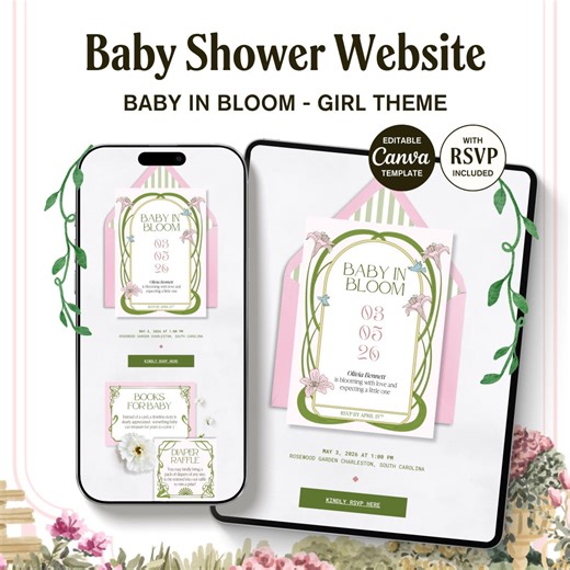 Baby in Bloom Baby Shower Website Template, Pink and Green Floral Invite, Editable Canva Website With RSVP, Digital Download - Etsy
