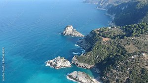Breathtaking aerial scenery over the rocky beach of Mavraki in Skopelos island, Greece. It is located about 1Km from the chapel of St. John Ioannis at the north east side of the Island.