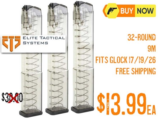 ETS Magazine 9mm 32round Gun Mags Fits Glock 17/19/26 $13.99 FREE S&H