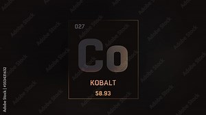 Cobalt as Element 27 of the Periodic Table. Seamlessly looping 3D animation on grey illuminated atom design background orbiting electrons name, atomic weight element number in German language
