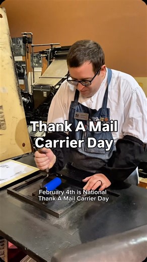 February 4th is National Thank A Mail Carrier Day! Now, more than ever, make sure to send thanks to those that make sure our mail arrives in a timely manner. For today, Jared letterpress printed an electrotype (copy of a woodcut) that was made in the 1940s. The image depicts a mail carrier holding a large letter. The text below, set in 24 point Caslon font, states, “Thank a mail carrier.” This was printed with blue rubber base ink using our Washington hand press. We are thankful for our mail car