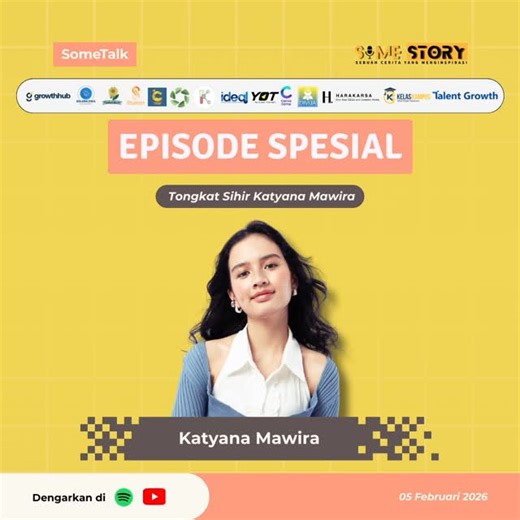 Podcast Somestory on Instagram: "Halo, teman-teman! 👋🏻✨ Di episode spesial Sometalk kali ini, kita kedatangan bintang spesial yang super berbakat: Katyana Mawira! 🪄🎤 Dia bakal nemenin kita ngobrolin perjalanan seru yang lagi jadi momen besar dalam hidupnya: debut sebagai musisi lewat single pertamanya “Tongkat Sihir”! 🌟 Pernah nggak sih kalian ngerasain deg-degan campur penasaran waktu mulai suka sama seseorang? Rasa excited membayangkan gimana rasanya jatuh cinta pertama kali, hal-hal keci