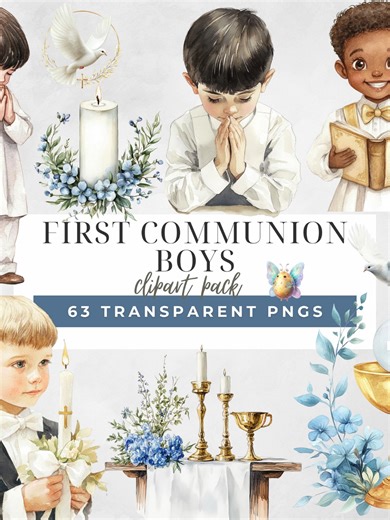 Create beautiful and meaningful First Communion designs with this First Communion Boys Clipart Pack. This carefully curated watercolor set features boys in prayer, reading the Bible, holding candles, altar scenes, chalices, doves, grapes, bread, crosses and other classic Catholic symbols. Perfect for elegant and faith-inspired projects, this collection is ideal for both personal and small business use. communionboy, communionpng, catholicpng, boyclipart, churchclipart, faithclipart, baptismart, 