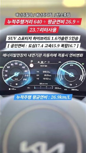 #누적주행 평균연비 #SUV 스포티지 하이브리드 1.6가솔린 6단 5인승 2륜구동차량 #에너지발전장치 적용시 연비변화 #연료절감 #co2저감 #탄소중립 #에너지절약 #에너지자립