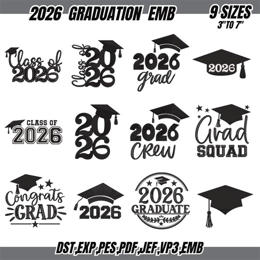 2026 Graduation Cap Embroidery Designs, Satin Stitch (instant Download) - Etsy